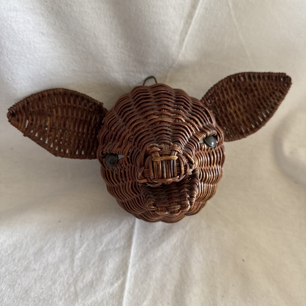 Vintage MCM Handmade Wicker Rattan Pig‎ Piggy Head Mount Wall Hanging Farm Decor
